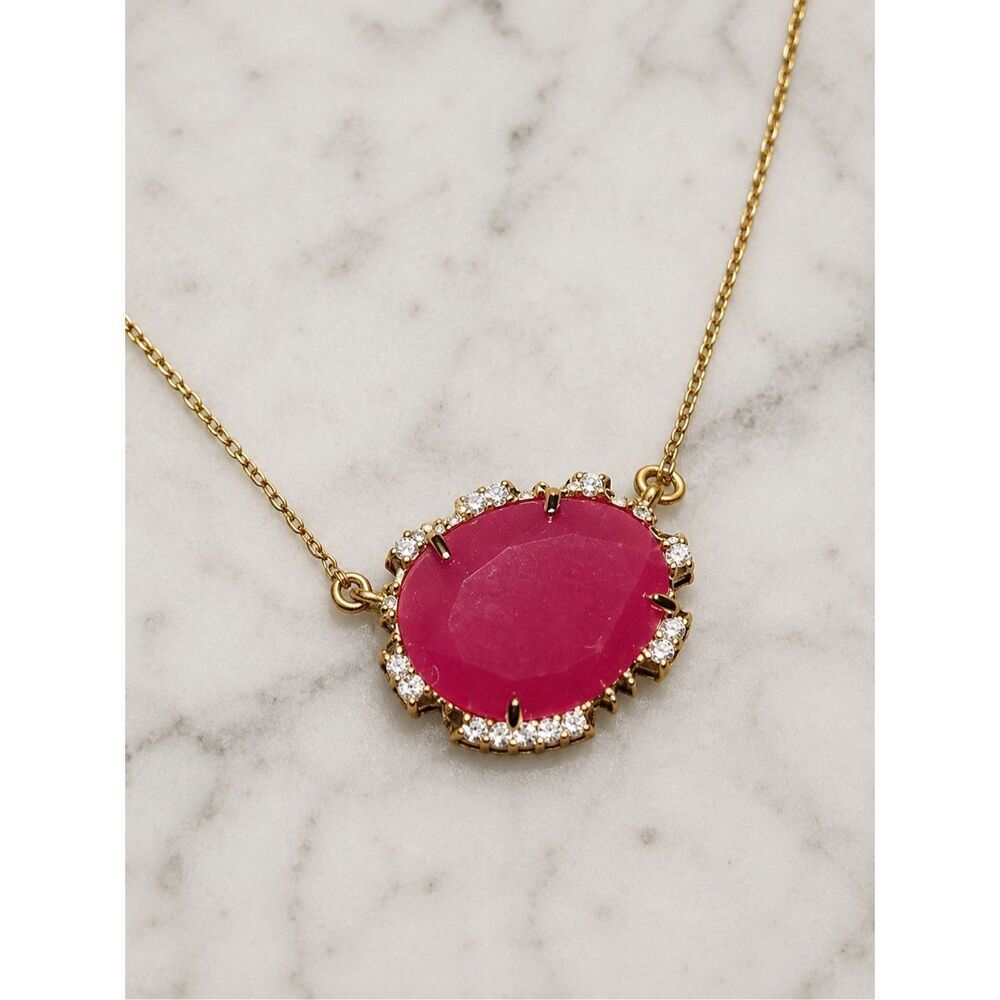 Anthropologie Serefina Pink Stone Crystal Halo Pendant Necklace Gold Tone 18”